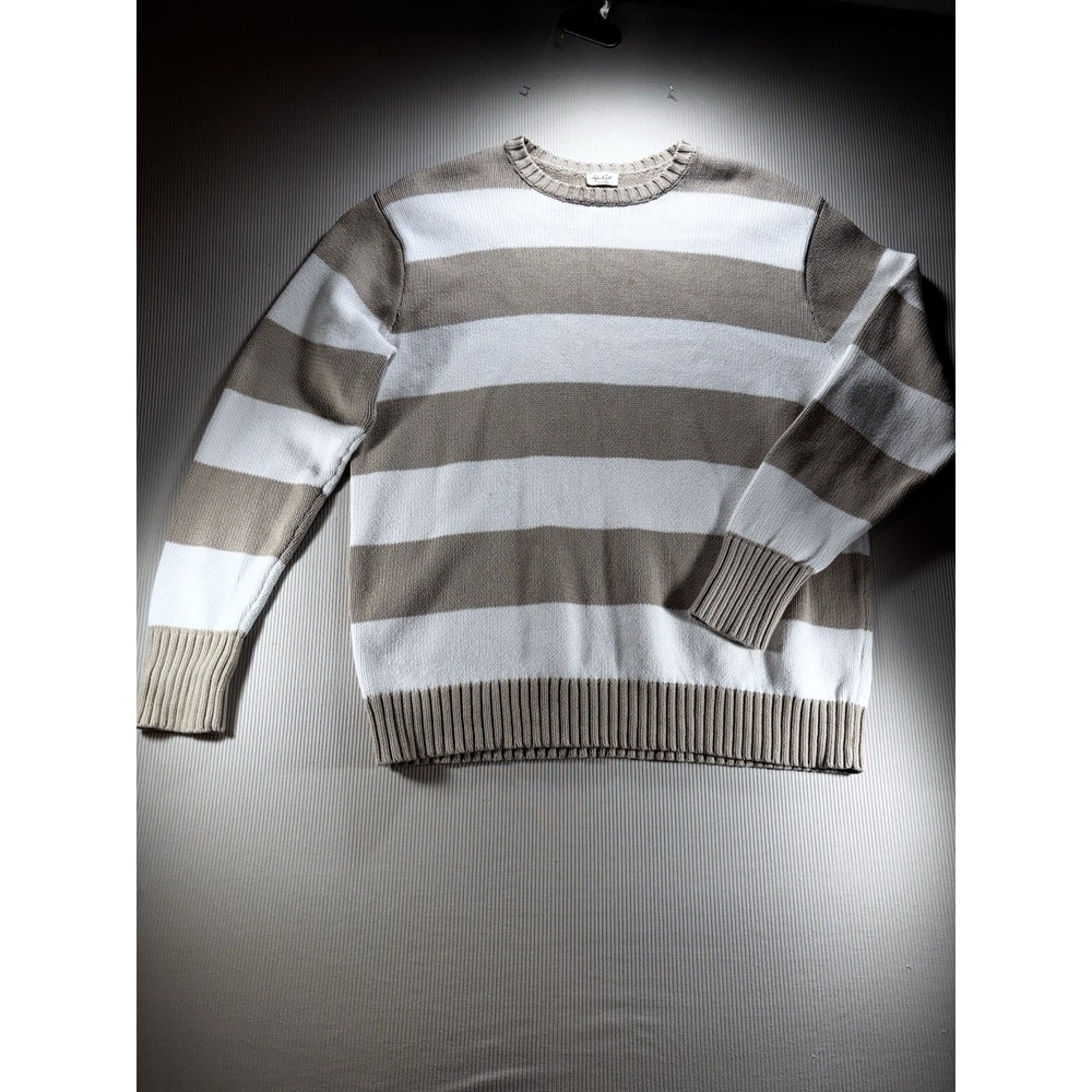 John Gault Men's Striped 100% Cotton Sweater White/ Brown L Preppy Y2K Academia